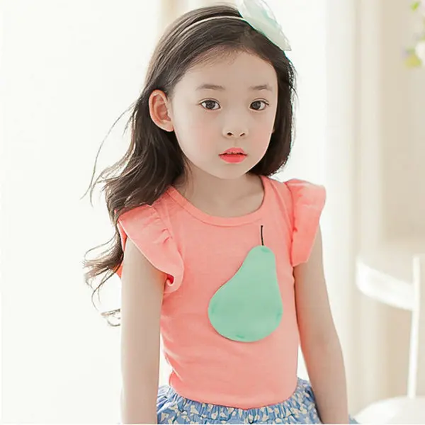 Factory Price Baby Girls Lovely Pleated Sleeve Pear Printed Tops Tee Kids Soft Cotton T Shirt