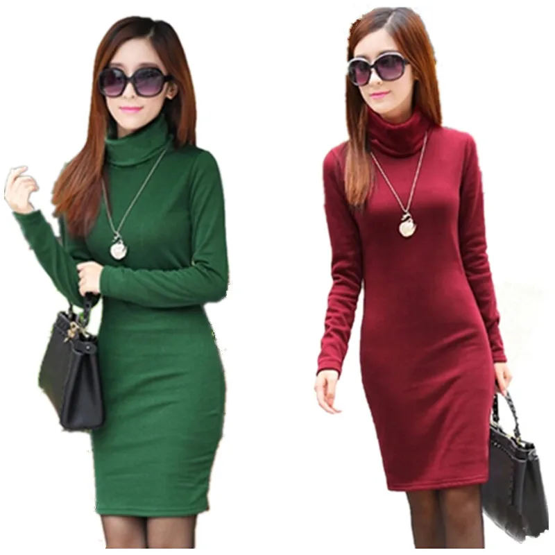 2015 Solid Thicken Winter Dress For Women Turtleneck Fleece Warm Dresses Feminino Casual Long Sleeve Plus