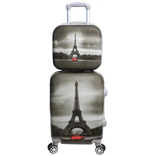 DH 2 Piece Girls Black White Grey Red Eiffel Tower Theme Hardtop Luggage Paris France French Inspired Famous Landmark Themed Pattern Upright Rolling Lightweight Hardside Hardshell Carry On Suitcase