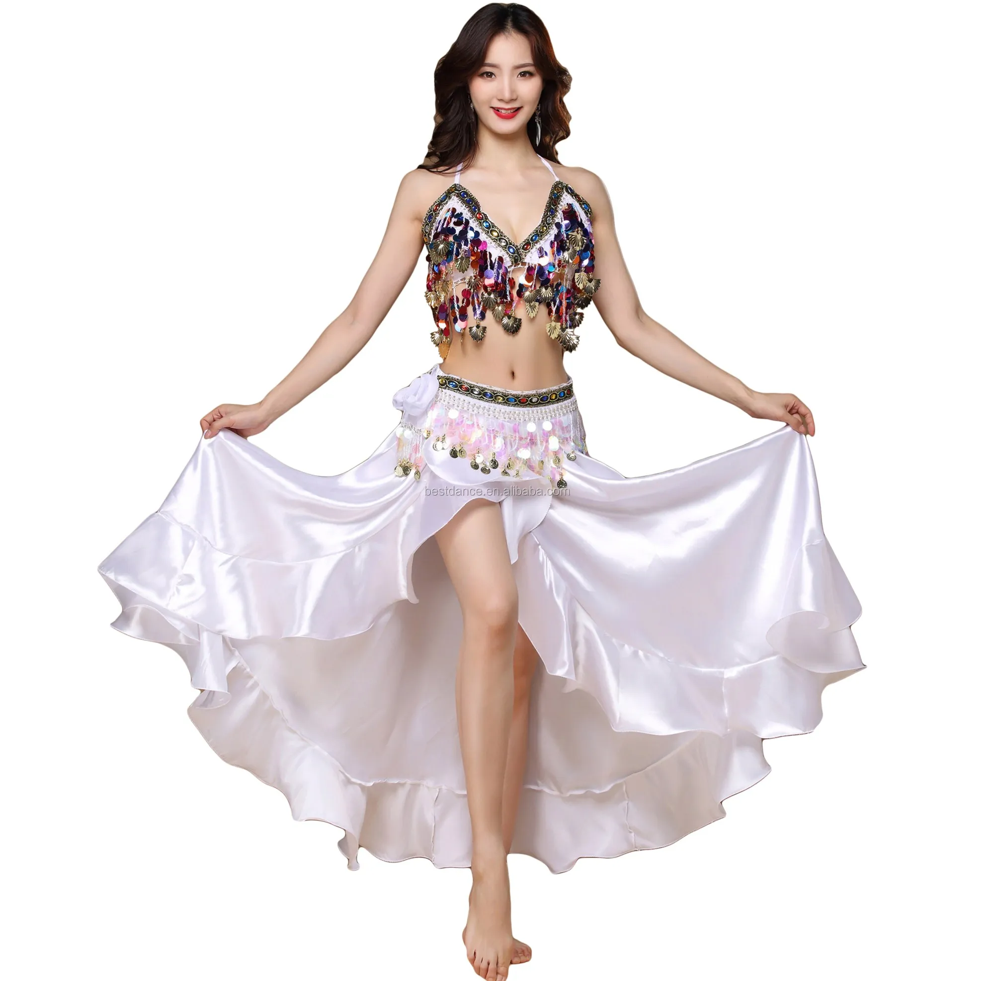Bestdance Women Belly Dancing Split Wave Satin Skirt Sequin Top ...