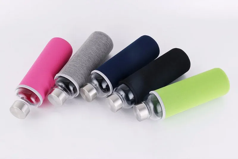 550ml Eco-friendly Glass Water Bottle,BPA-Free Portable Sports Bottle,Leak-proof Stainless Steel Cap with Nylon Sleeve Drinking