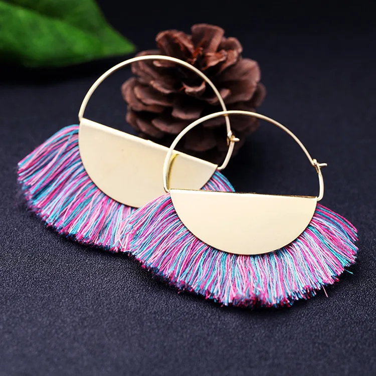 New Arrival Gold Plated Bohemian Handmade Fan Shape Thread Tassel Drop Hoop Earrings