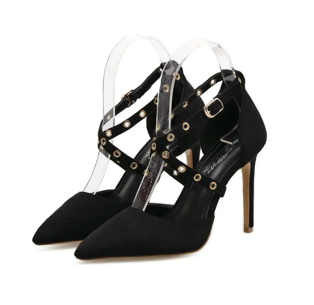 Pump 11cm Stiletto Pointed Toe Dorsay Ankle Strap Dress Shoes Women Charming Pure Color Hollow Belt Buckle Ol Court Shoes Eu Size 34-40