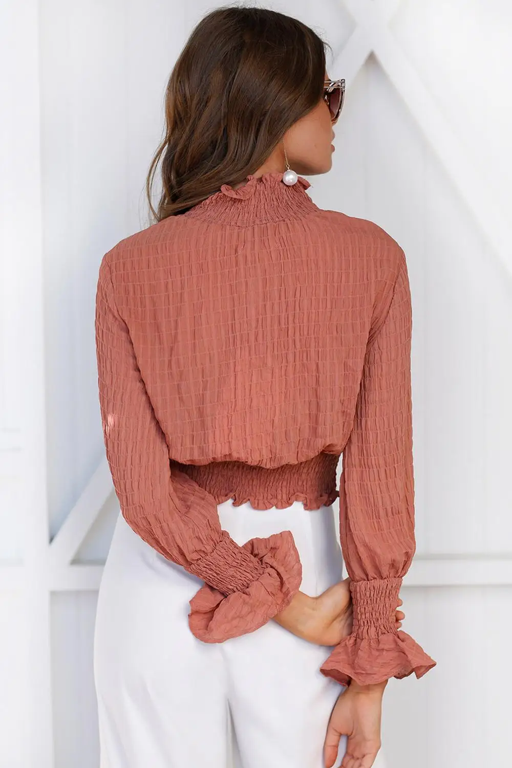 Turtleneck Women Chiffon Blouse Elastic Waist Long Petal Sleeve Tops