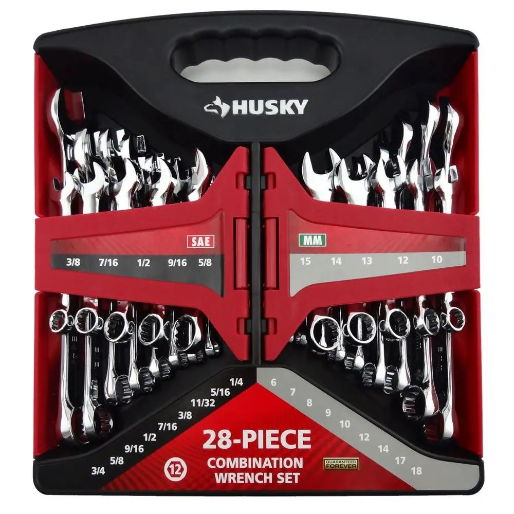 Chrome with Storage Rack Carrier Husky SAE 10-Piece Combination Wrench Set