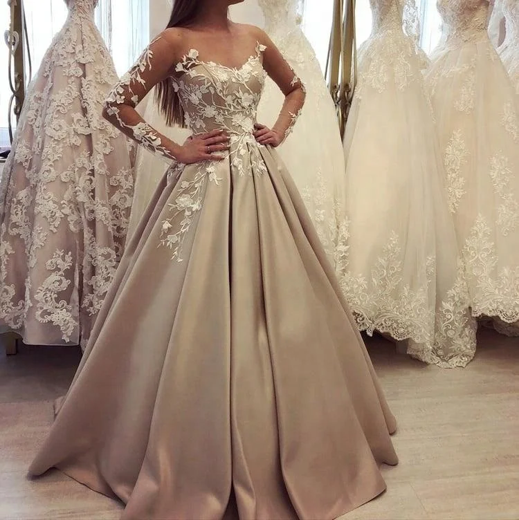 Champagne Silk Wedding Dress : Wedding Cap Lace Dress Modest Champagne Belt Sleeve Satin Neck