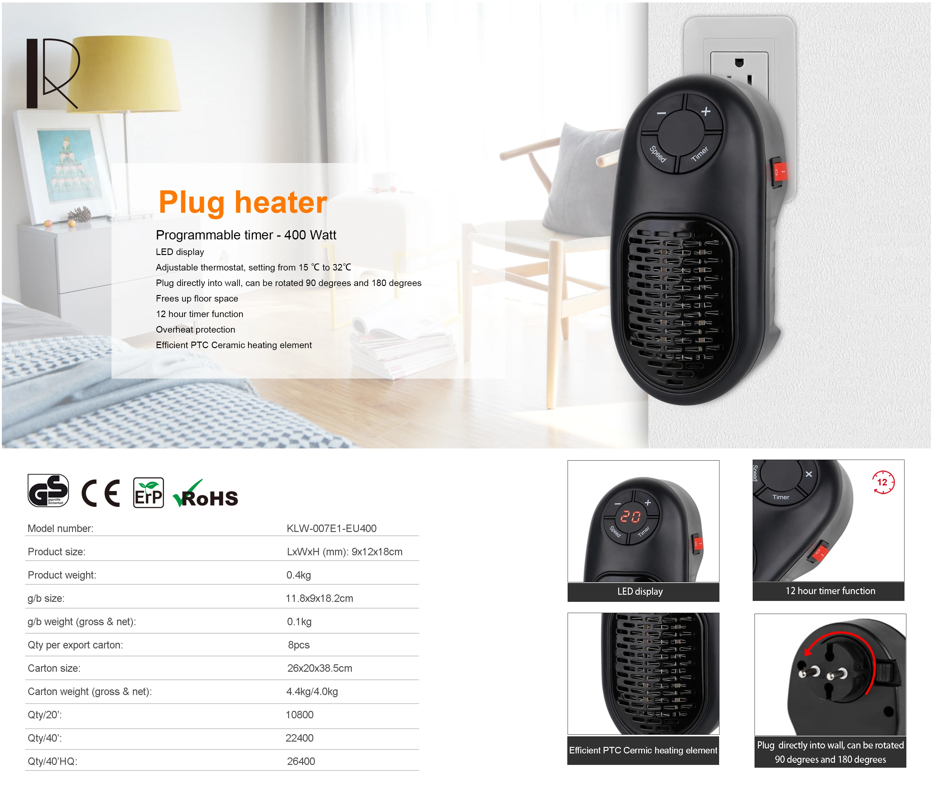 Plug-in Ceramic Mini Heater Portable with Timers Handy Wall-Outlet Space Heater