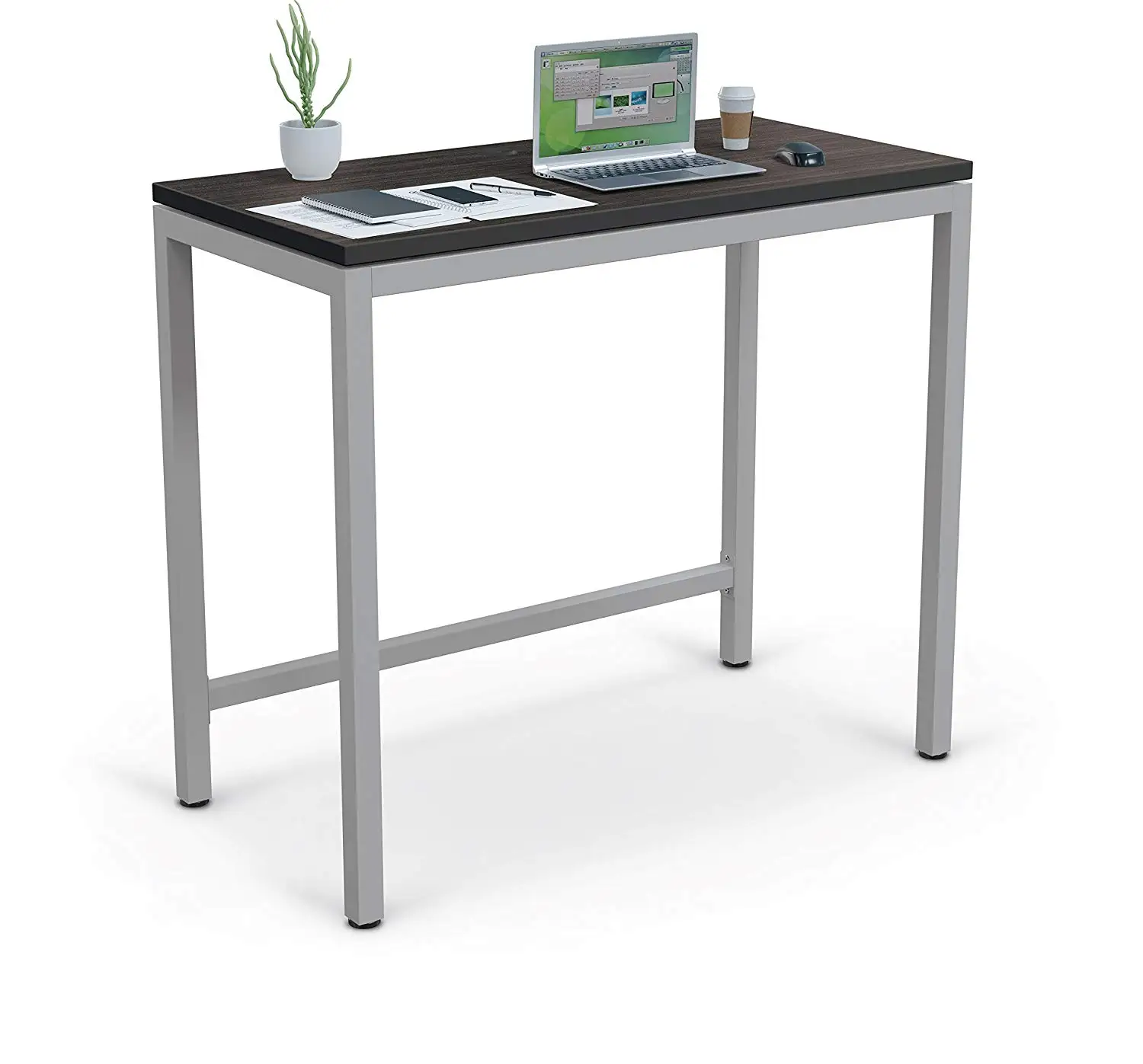 MooreCo Essentials Stand Up Table Desk, Asian Night/Black Edgeband + Platinum Frame (84311)