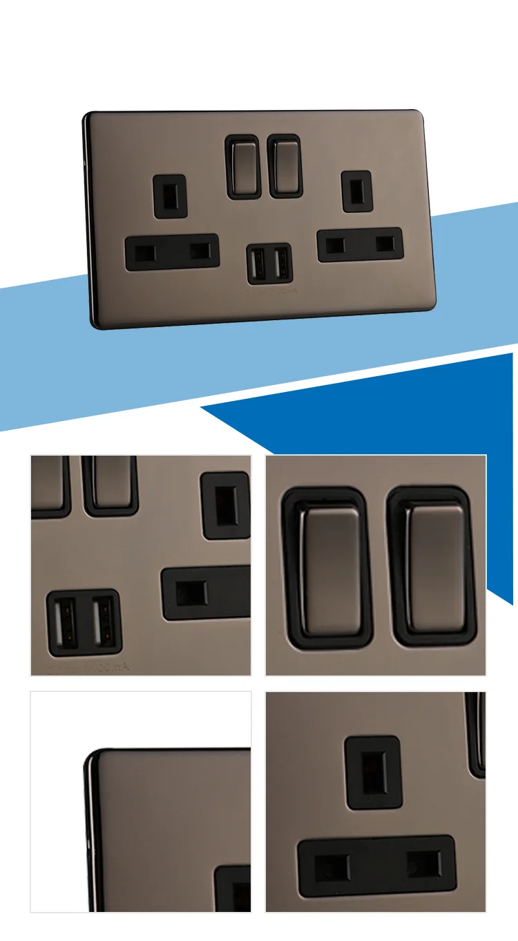 Hailar polished black nickel metal 13A 2 gang UK electrical switched socket with USB port