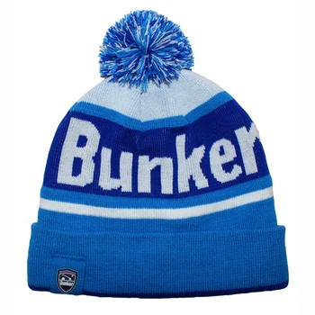 design your own blue bobble hat blue white striped beanie