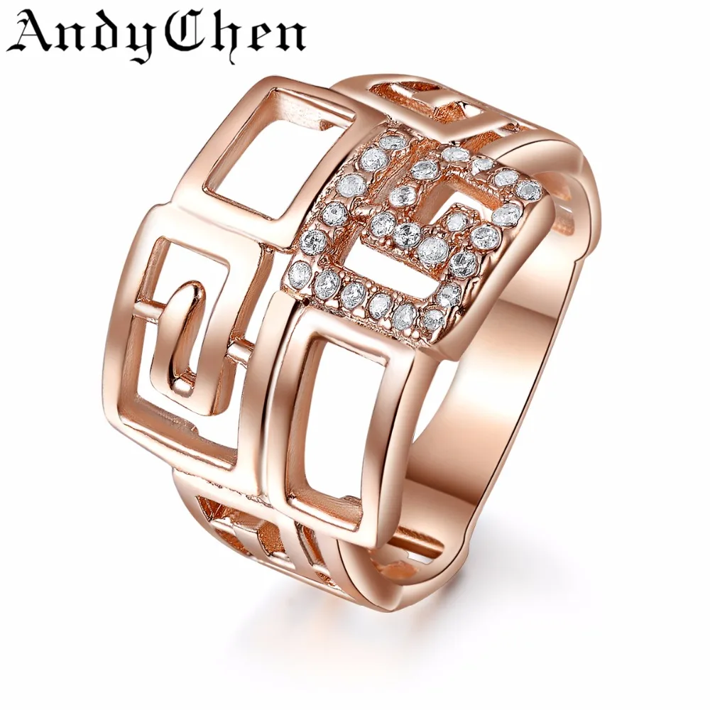 AndyChen Luxury Rose Gold Plated Wedding Rings for Women Crystal Jewelry Trendy Engagement Accessories Party Bague