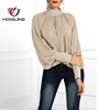 ladyHigh Neckline Lantern Sleeve Wide Cuff Ruched Blouse back buttonclosure long sleeve straight hem holiday evening