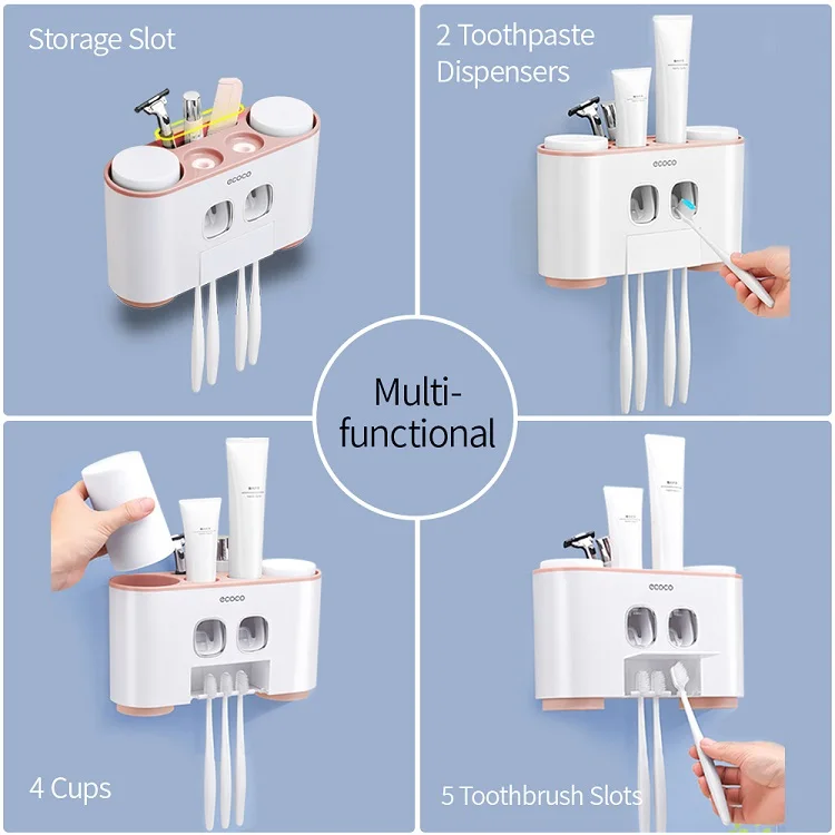 2019 Auto Bathroom Wall Mount Automatic Ecoco Squeezing Toothpaste Dispenser with 5pcs Toothbrush Holder for the Disabled