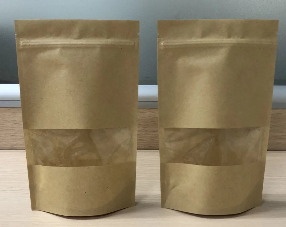 Brown craft zip lock stand up pouches for nuts foods, milk powder,chocolate kraft shopping bag with window paper bags kraft