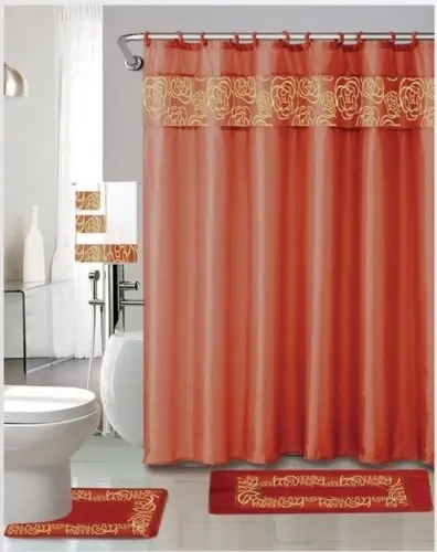 Kristy Orange 18 Pieces Shower Curtain, 2 Rugs, 3 Piece Towel Set, 12 Metal Roller Rings