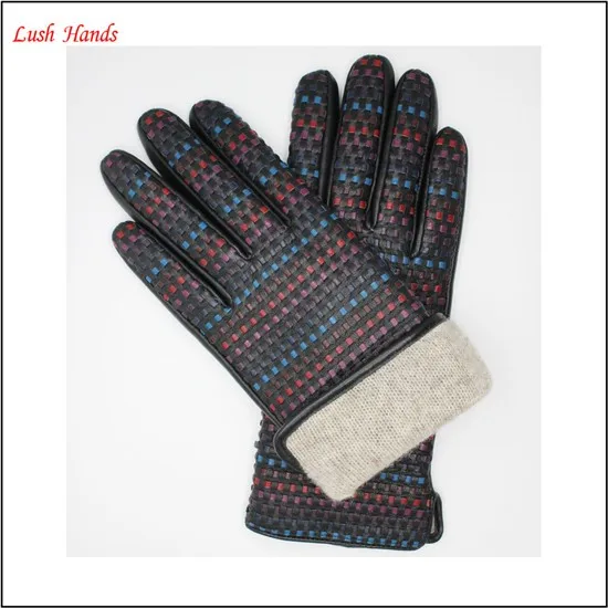 Ladies rainbow colorful woven lady leather gloves woven leather gloves