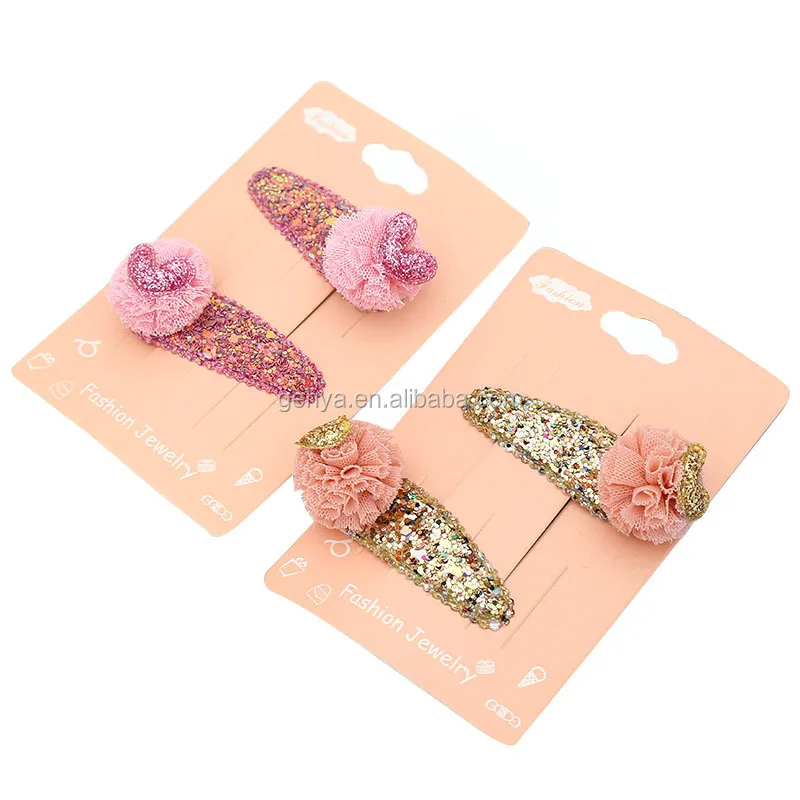 Genya Glitter Hair Clips Gauze Ball Hair Clips With Heart Girl Snap