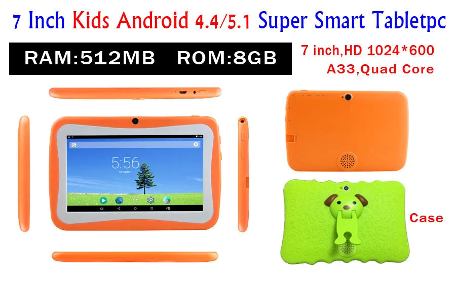 Cheapest 7 Inch Android Quad Core A33 Kids Tablet With Case 1024*600