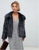 Oversized Collar Silky-feel lining Functional Pockets Faux Fur Short Grey Coat