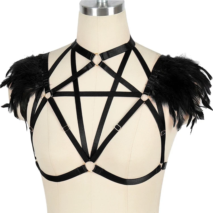 Black Harness Strappy Top Cage Pentagram Belt Punk Goth Lingerie Feathers Epaulette Shoulder