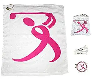Giggle Golf Par 3 - Pink Ribbon Golfer Towel, Tee Bag and Bling Ball Marker with Hat Clip – Perfect Golf Gift for Women