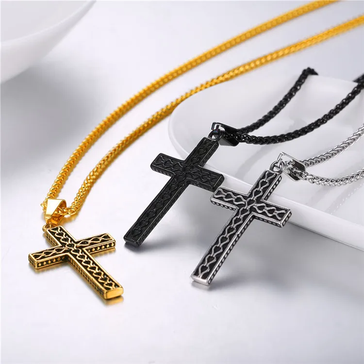U7 316L stainless steel gold plated christianity jewelry unique black mens vintage cross necklace with chain