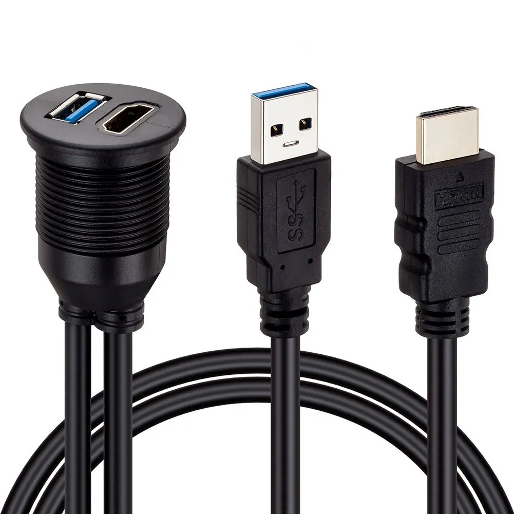HDMI Male to Female Car AUX Flush Mount Extension Cable Fr Vehicle Boat USB3.0
