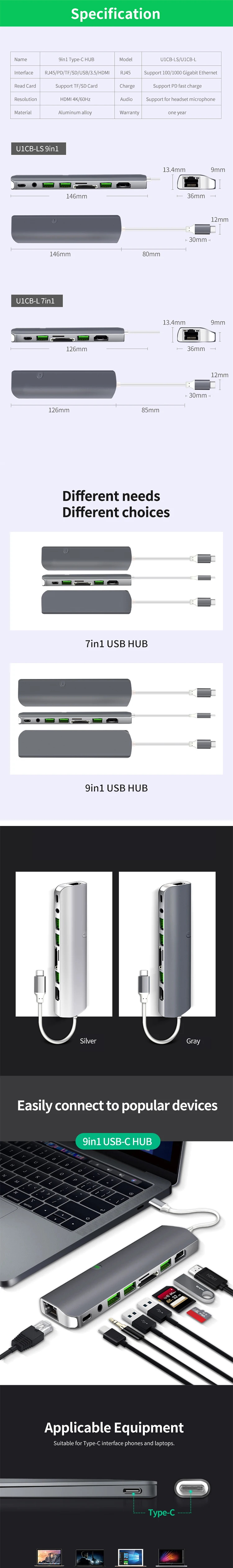 New design usb hub Card Reader Charging Station USB-C Hub 9-in-1 Type C Adapter with USB 3.0 HDMI SD TF 3.5AUX RJ45 PD converter
