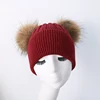 2018 Winter Crochet Fold-up Two Large Fur Pompom Ball Beanie Hat Women Warm Knit Beanie Wool Baggy Hat