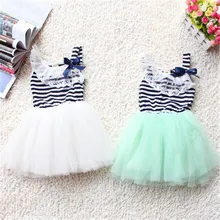 Meninas Do Bebê verão de Algodão Vestidos Sem Mangas Lace Bow-knot Listrado Vestido Tutu 1-4Y Bubblet