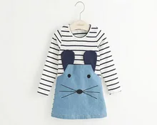 Casual style long sleeve Striped lovely little mouse design girls dress 2015 New Arrive Autumn children clothing