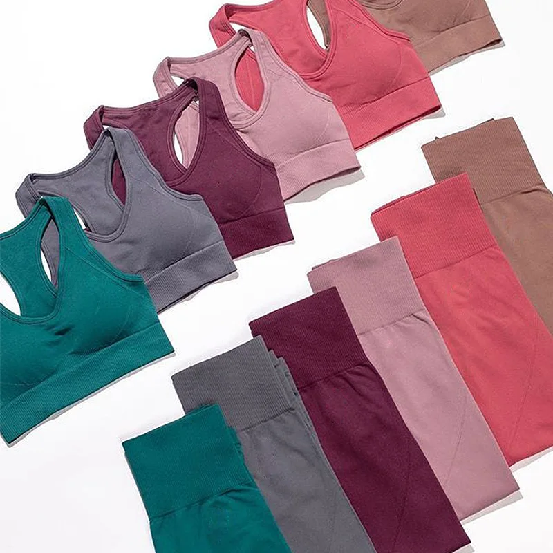 Wholesale 2 pieces yoga wear sport clothing set solid fitness seamless women yoga sets