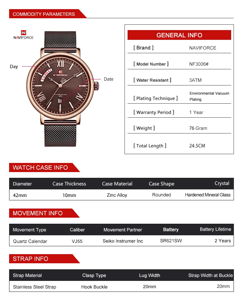 NAVIFORCE 3006  Luxury Montre Homme Full Steel Men Wristwatch