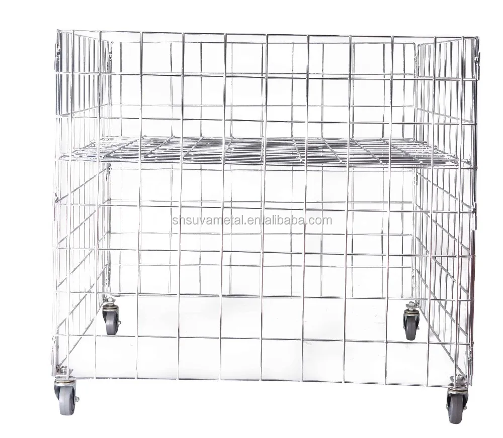 Metal Wire Mesh Collapsible Cage Carts On Wheels,Warehouse Folding Roll
