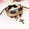 Customized Handmade Retro Alloy Cross Adjustable Leather Rope Bracelet Multi Layer Beads Genuine Leather