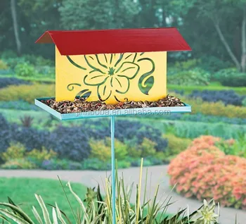 Floral Seed Bird Feeder Garden Stake Metal Yard Art Outdoor Decor