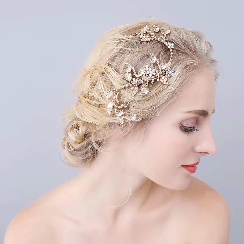 Handmade Elegant Gold Leaf Wedding Head Dress Pearl Bridal Hair Piece ...