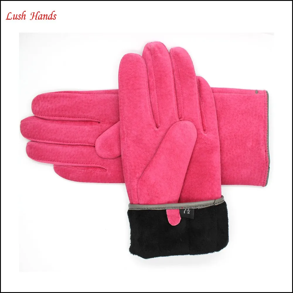 Winter classic warm gloves lining polyesther pink sheep suede glove