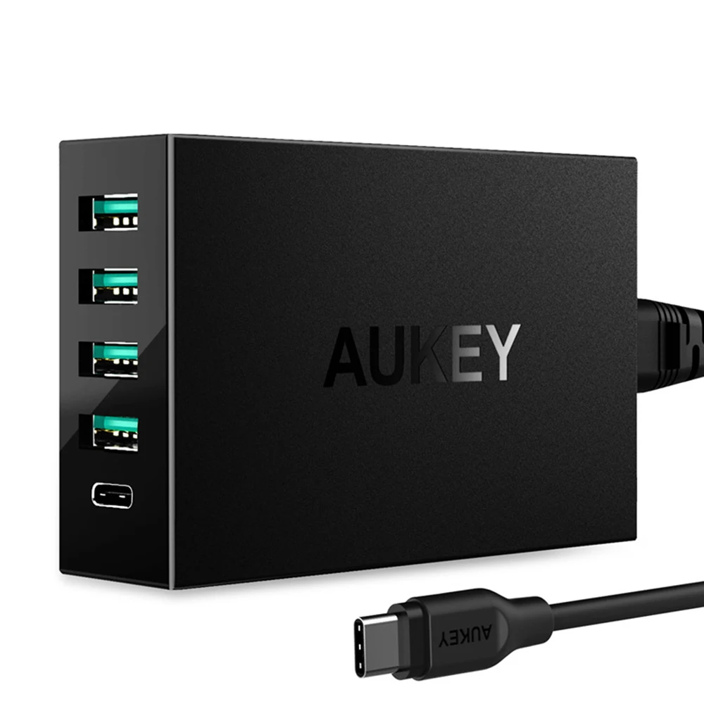 Aukey PA-Y5 5 Ports 54W USB Charger Adaptor Aipower Adaptive Quick Charge 3.0 with Type-C Cable, Multi Output US UK EU Charger