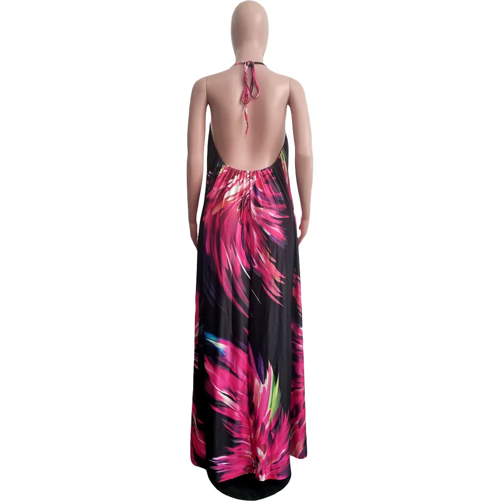 Ecowalson S3505 Women's Off-Back Sexy Sleeveless Digital Printing Floral Hanging Neck Mopping Long Dress S-3XL