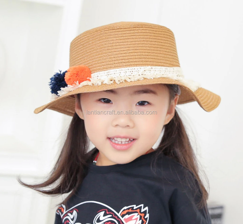 Children Straw Hat Floppy Natural Paper Pompom Tassel Boater Kids Straw
