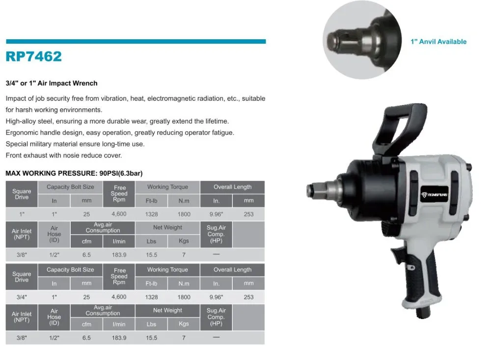 Rongpeng Rp7462 3/4" Durable Air Wrench 1800n.m Large Torque Air Impact Wrench Pneumatic Tools