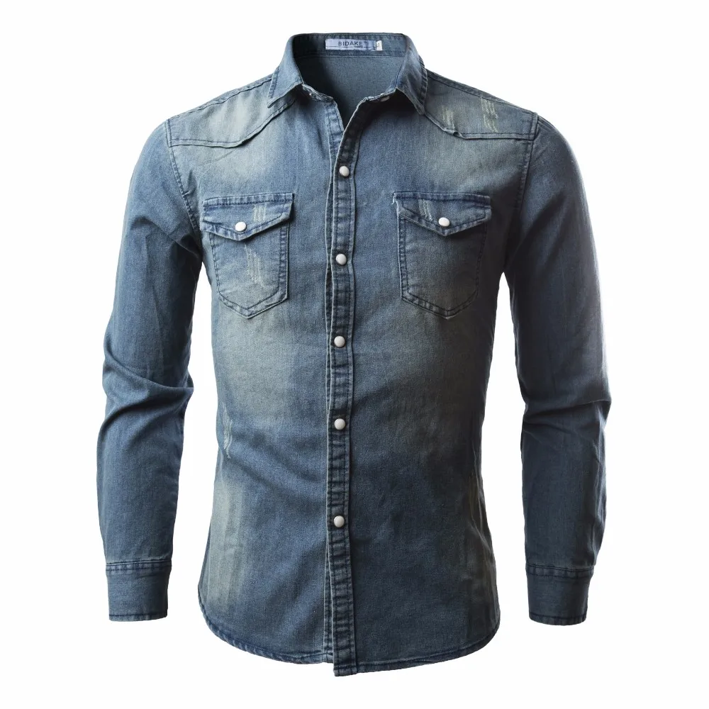 2017 New Men's Casual Denim Shirt High Quality Long Sleeve Jeans Shirt ...