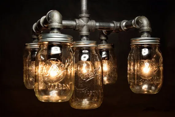 6 27 60 Five Mason Jar Metal Pipe Light Chandelier Ceiling Fixture Light Chandelier Ceiling Fixture