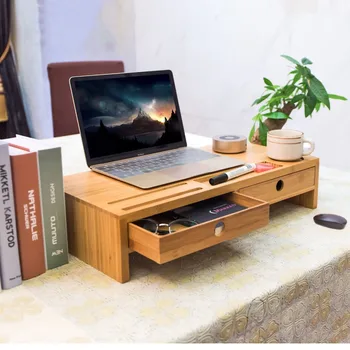 Bamboo Laptop Monitor Stand Riser With Drawers With Keyboard