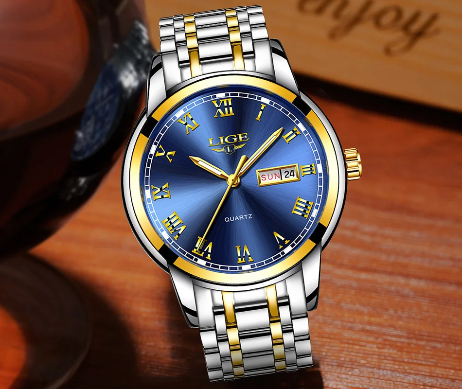 Watches Mens 2019 Fashion Quartz Gold Clock LIGE Brand Top Luxury All Steel Men Wristwatch Waterproof Date Week Dial Watch+Box