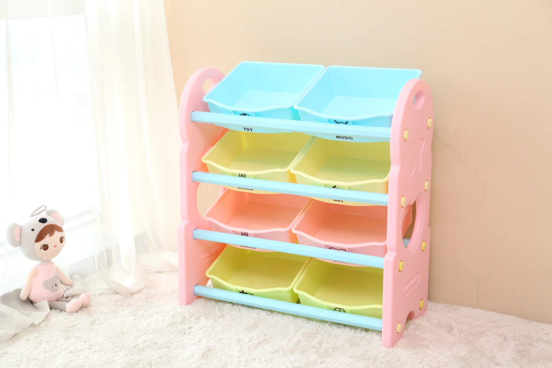 toy storage shelf with plastic bins