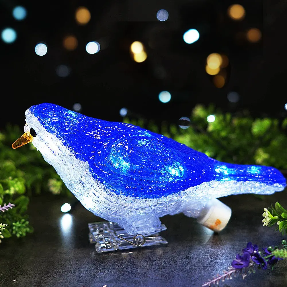 BRIGHT ZEAL 8.5" LED Battery Operated Christmas Tree Birds with Clips (Blue & White Acrylic Bird) - Garden Statues and Sculptures - Christmas Figurines Decorations Clearance - LED Bird Sculpture Decor