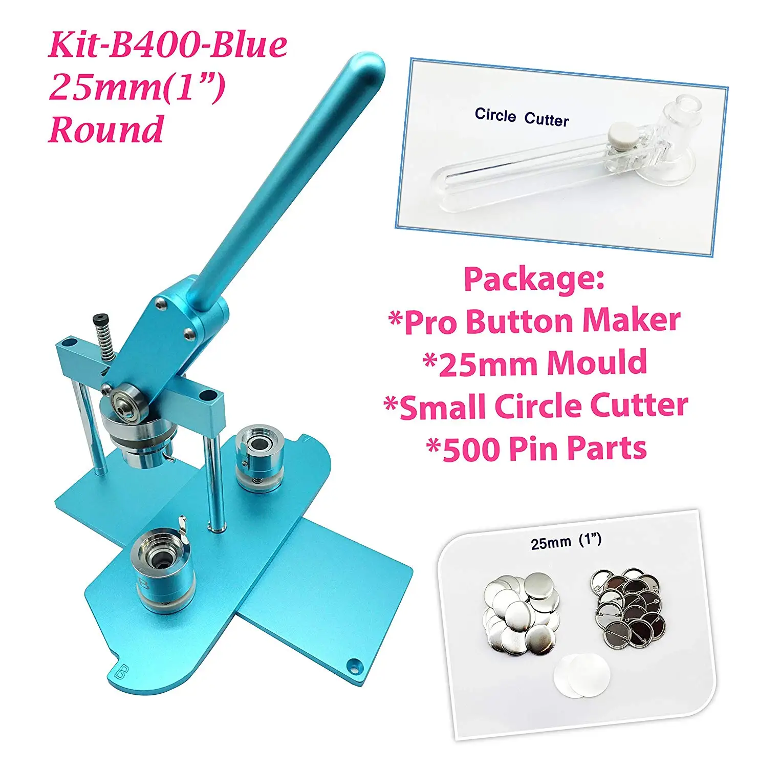 ChiButtons (KIT) 25mm(1") Pro Badge Machine Button Maker B400 + Mould + 500 Parts + Circle Cutter Metric System(Blue)