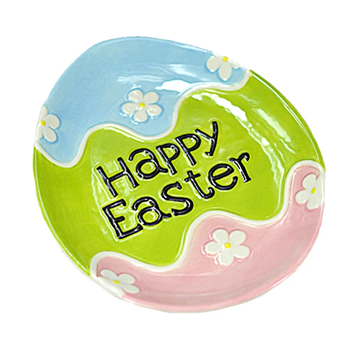 small hand painted green ceramic happy easter plate